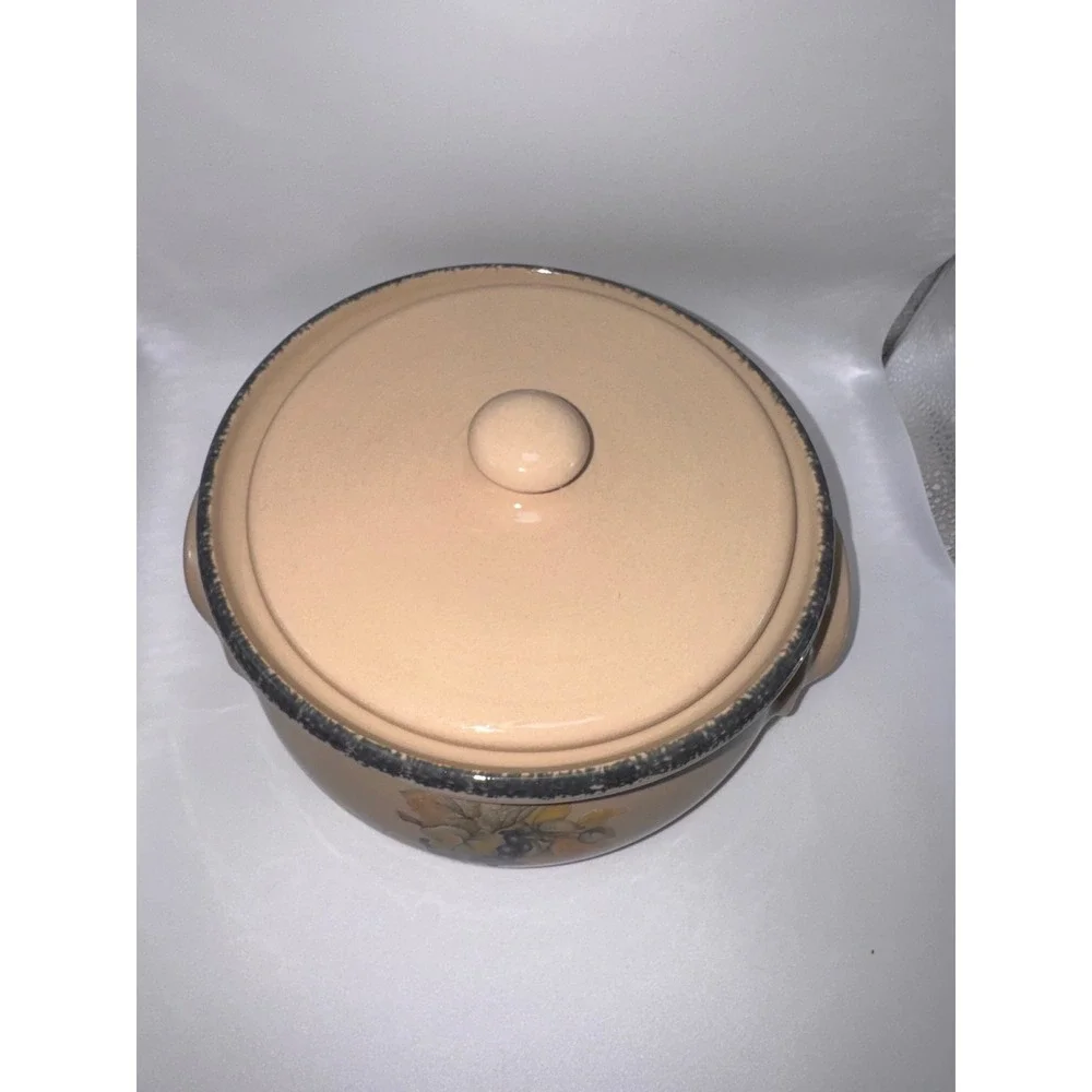 Vintage Ceramic Bean Pot with Lid Fruit Motif Grapes Pears Tan Stoneware Crock